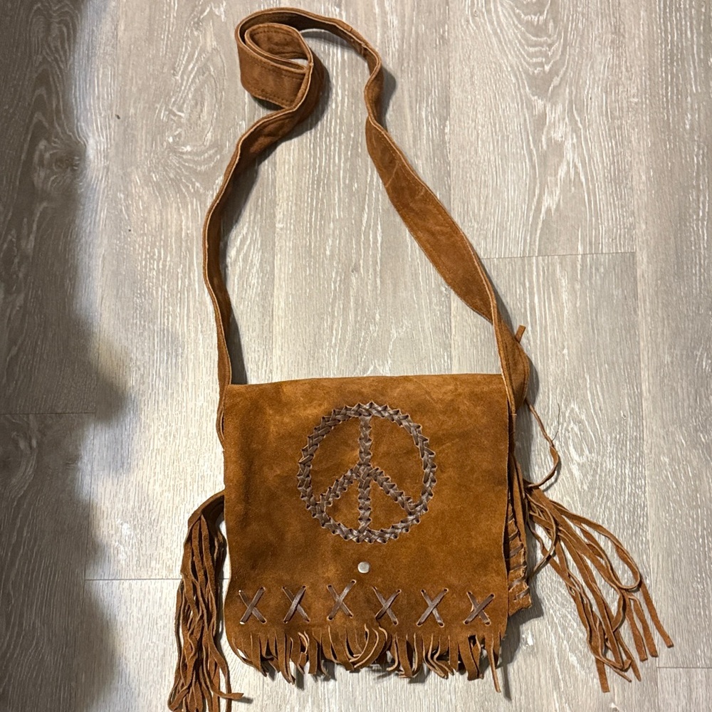 Suede Fringe Crossbody Bag with Peace Symbol